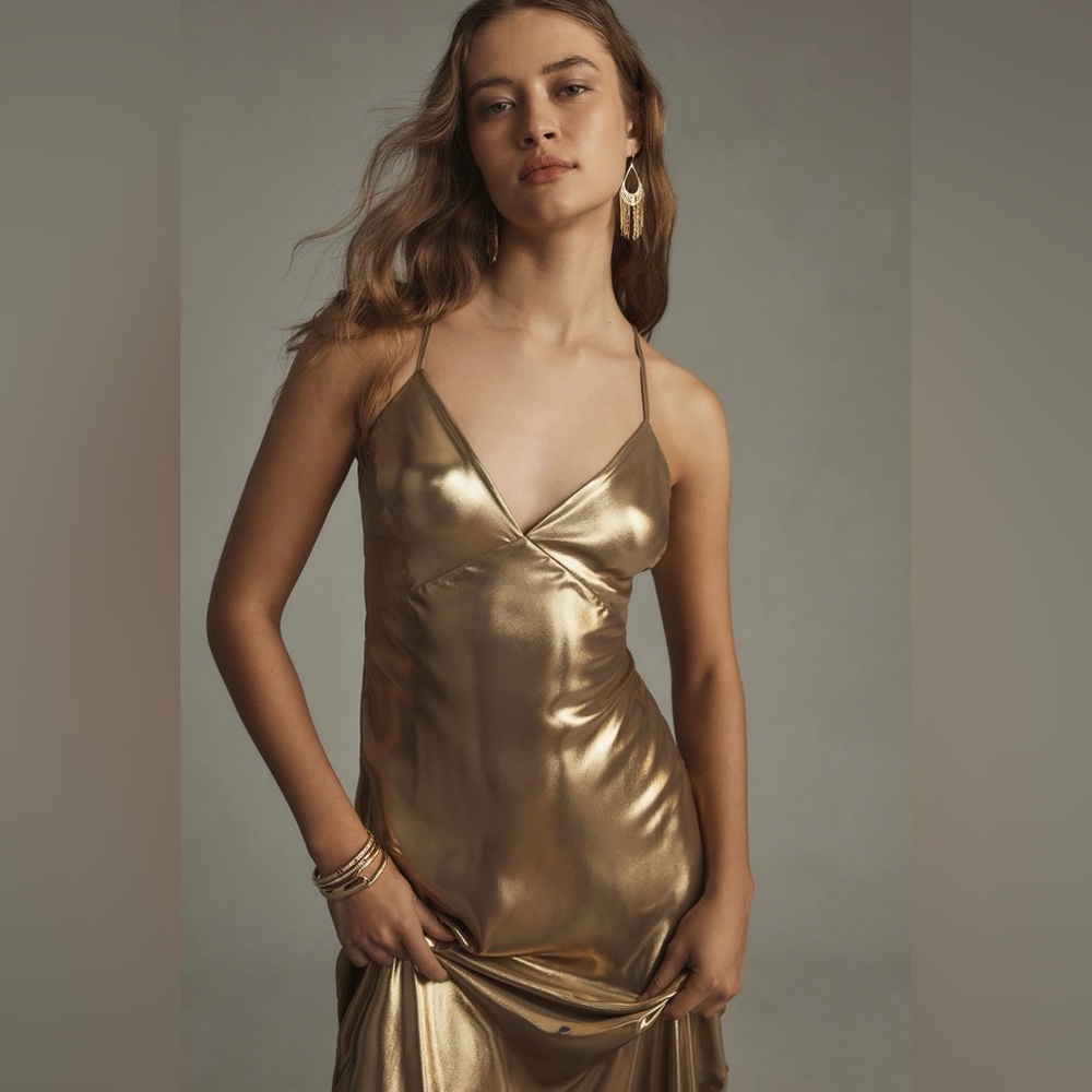 by Anthropologie Metallic Gold V-Neck Midi Slip Dress